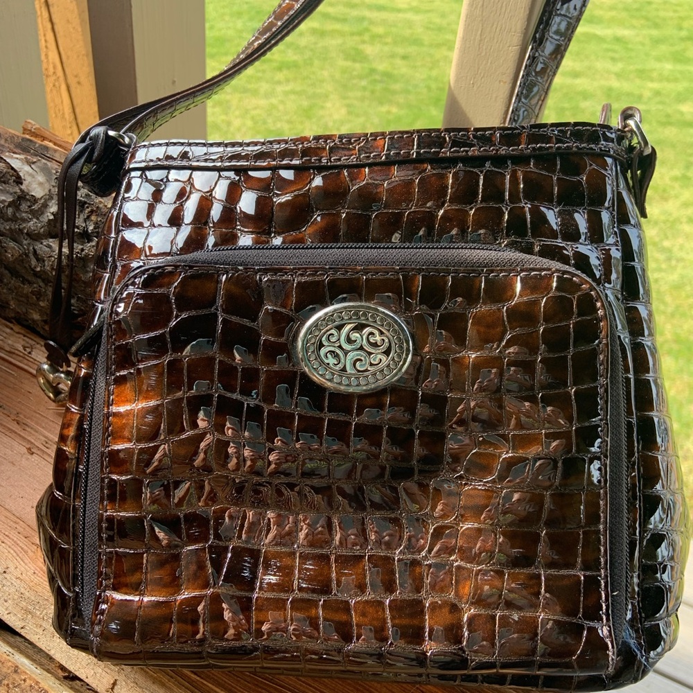Brighton Dark Brown Root Beer Patent Leather  Croc-Embossed Shoulder Bag Purse